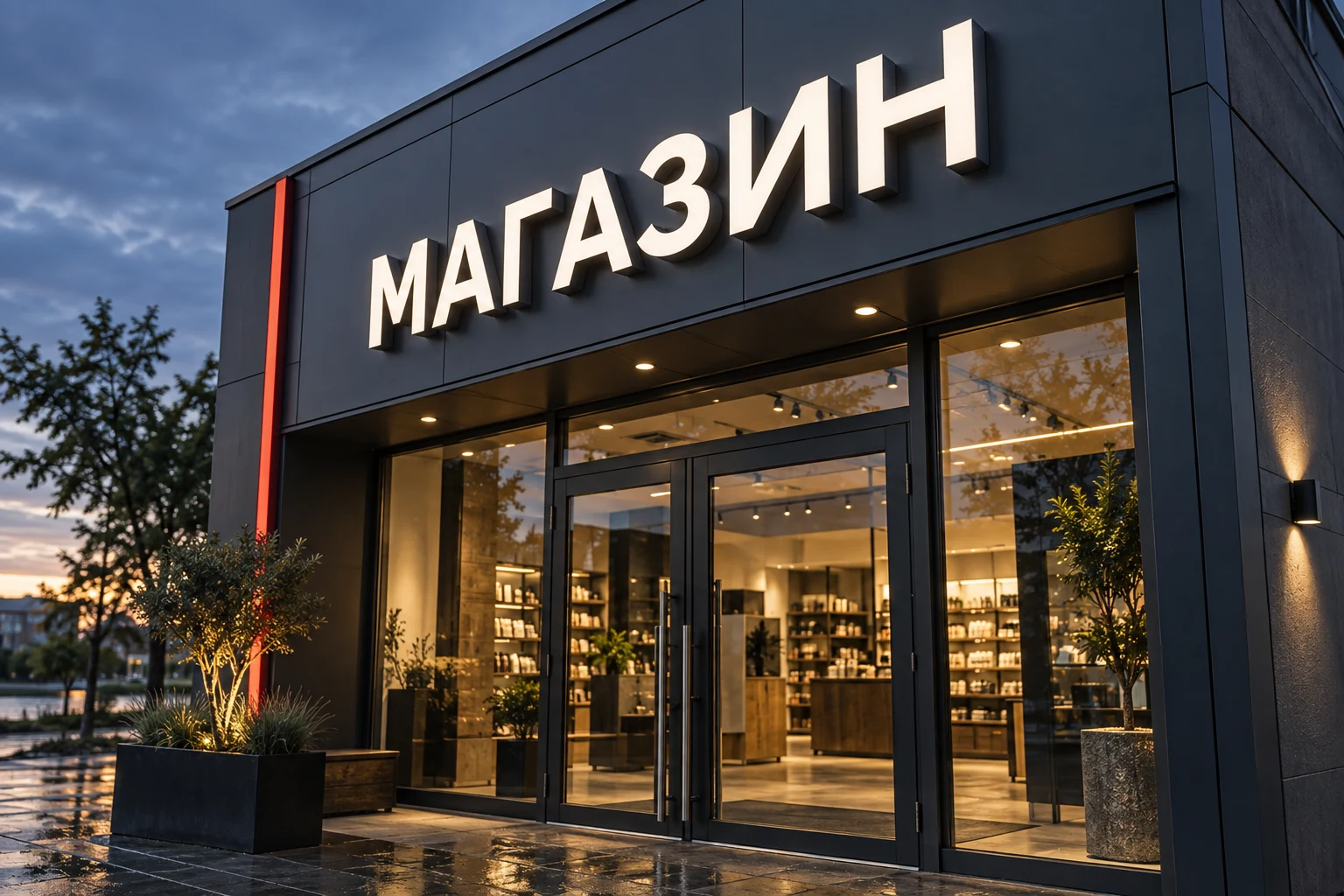 Визуализация световой вывески на фасаде магазина